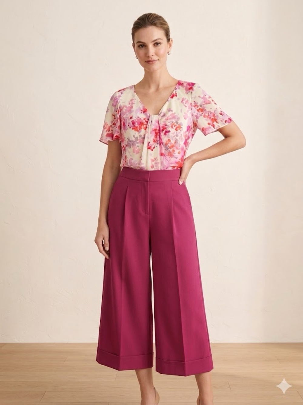 St. John Floral Pink 100% Silk V-Neck Short-Sleeve Blouse